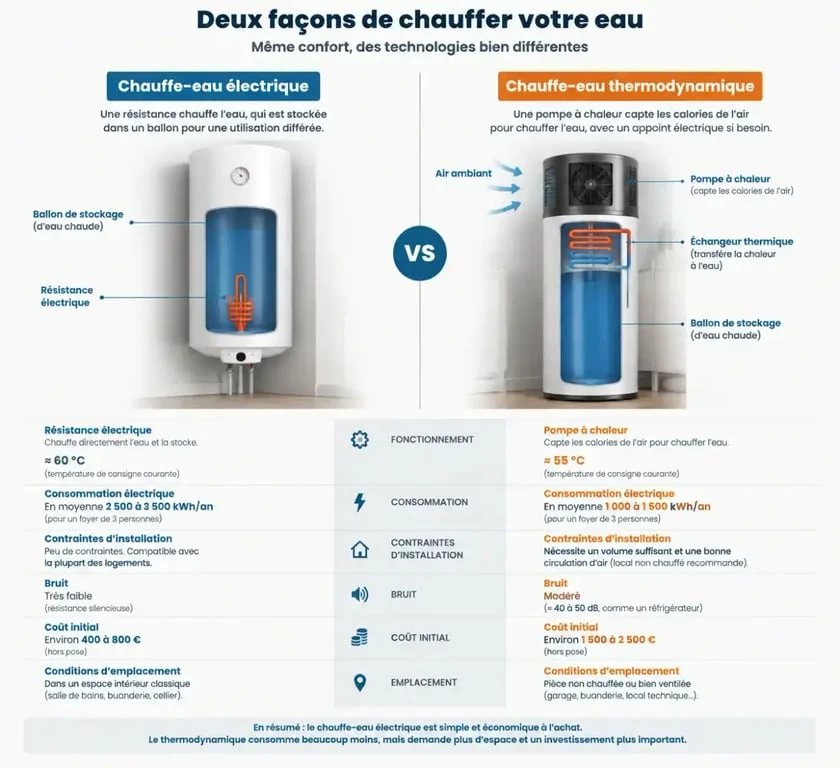Chauffe-eau électrique ou thermodynamique : infographie comparative du fonctionnement, du prix et de la consommation