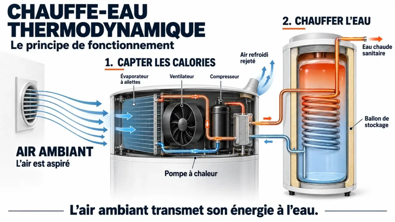 Schéma de fonctionnement d'un chauffe-eau thermodynamique Chaffoteaux