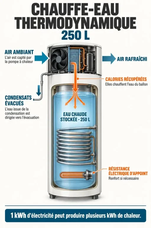 Schéma de fonctionnement d’un chauffe-eau thermodynamique 250 l avec pompe à chaleur et appoint électrique