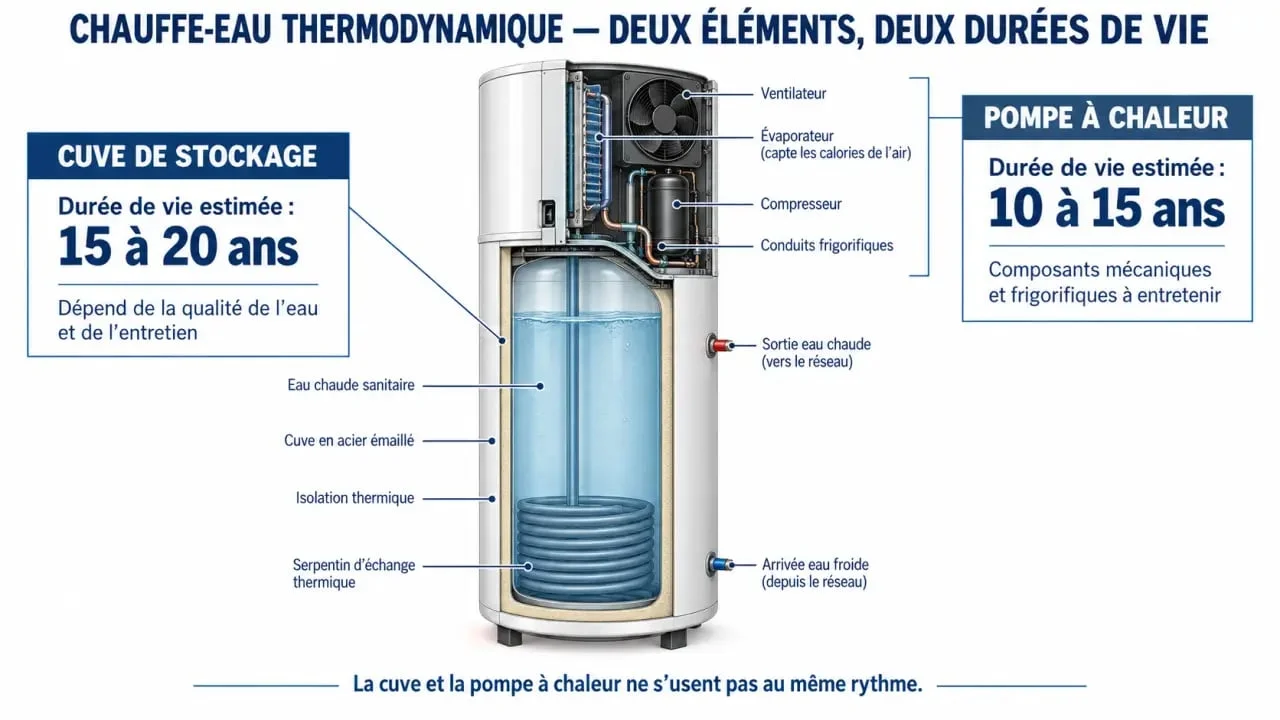 Schéma explicatif de la durée de vie d'un chauffe-eau thermodynamique par composant