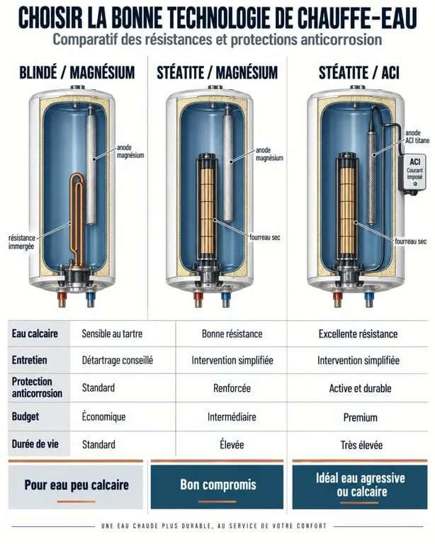 Comparatif des technologies de chauffe-eau : résistance stéatite ou blindée et anode magnésium ou ACI