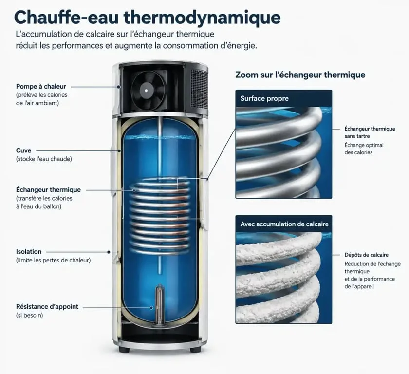 Schéma illustrant l'impact du calcaire sur l'échangeur thermique d'un chauffe-eau thermodynamique