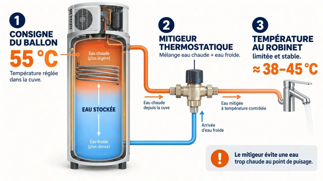 Température chauffe-eau thermodynamique : différence entre consigne du ballon et température au robinet