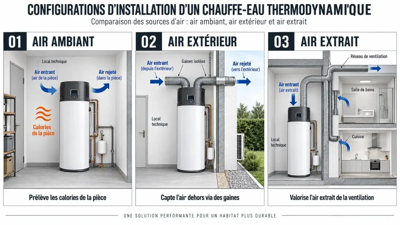 Configurations d'installation d'un chauffe-eau thermodynamique De Dietrich