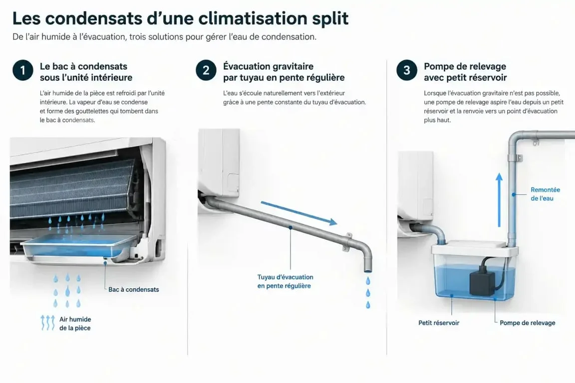 Schéma simplifié des condensats : pourquoi il y a de l'eau au sol et comment l'évacuer