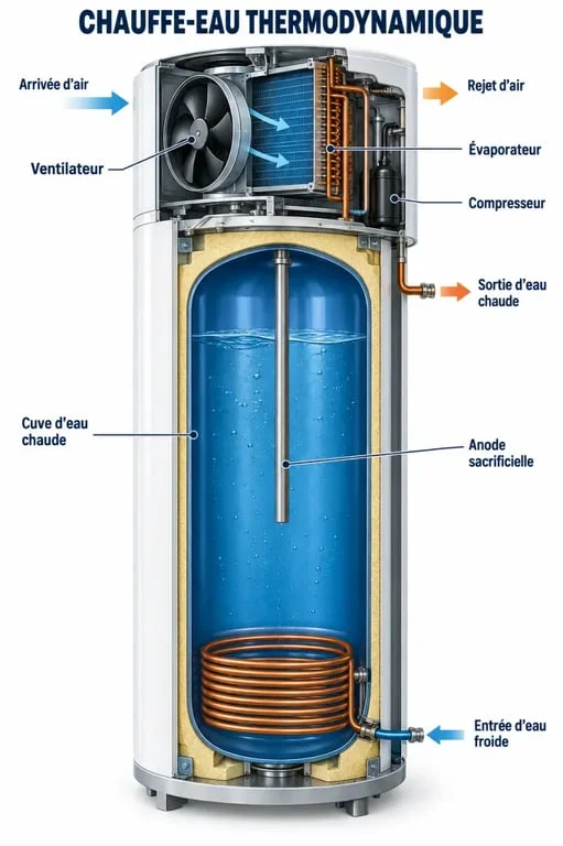Schéma des composants principaux d'un chauffe-eau thermodynamique pour l'entretien