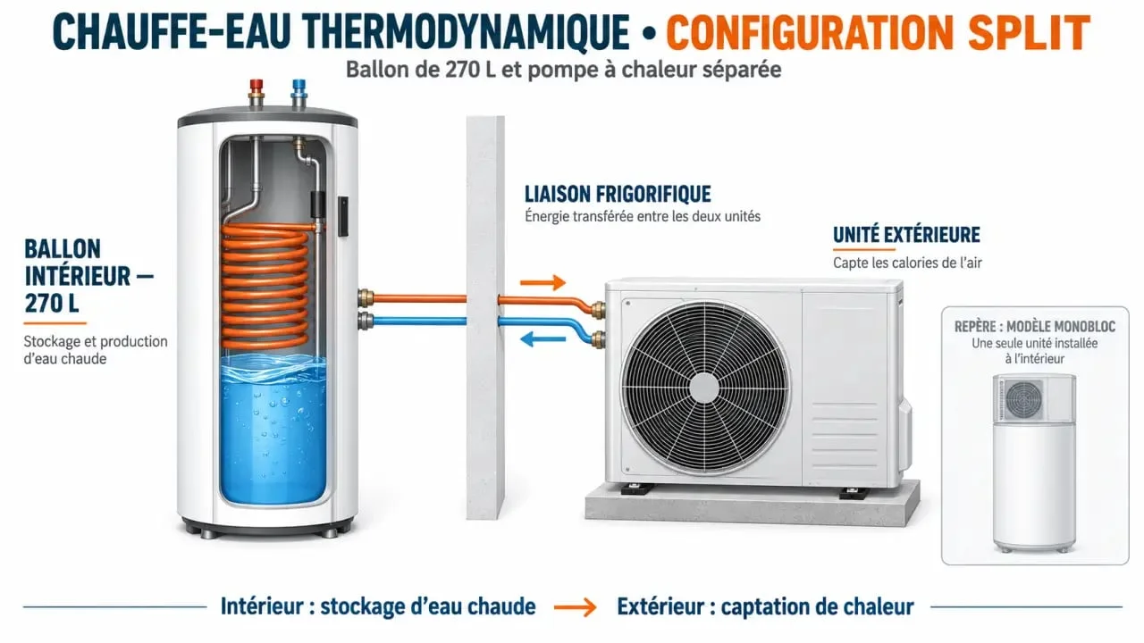 Schéma simplifié d'un chauffe-eau thermodynamique Atlantic 270 litres split avec ballon intérieur et unité extérieure