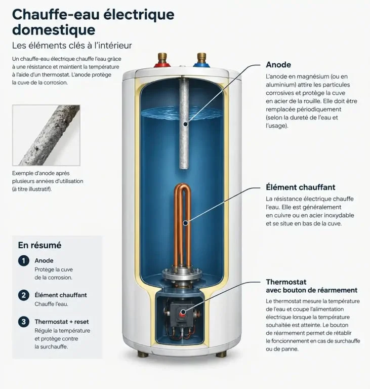 Schéma des composants internes d'un chauffe-eau électrique pour le diagnostic de panne