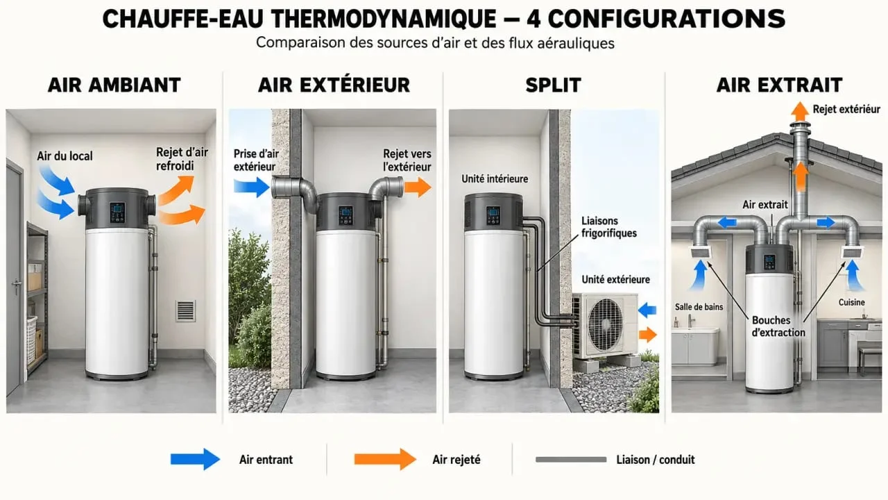 Schéma des configurations de chauffe-eau thermodynamique en appartement ou copropriété