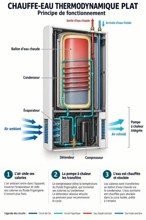 Schéma de fonctionnement d'un chauffe-eau thermodynamique plat