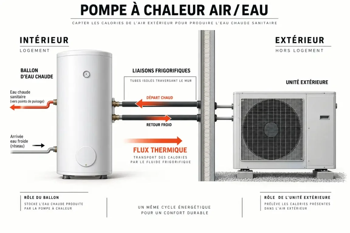 Schéma de fonctionnement d'un chauffe-eau thermodynamique split avec unité intérieure et extérieure