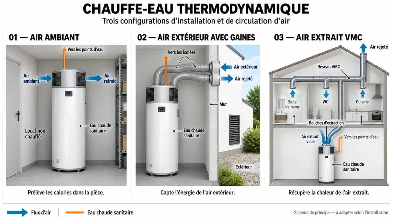 Schéma des configurations pour remplacer un cumulus par un chauffe-eau thermodynamique
