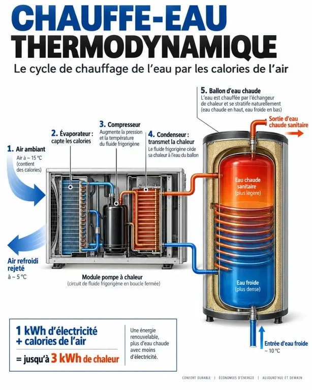 Schéma de fonctionnement d'un chauffe-eau thermodynamique 150 l