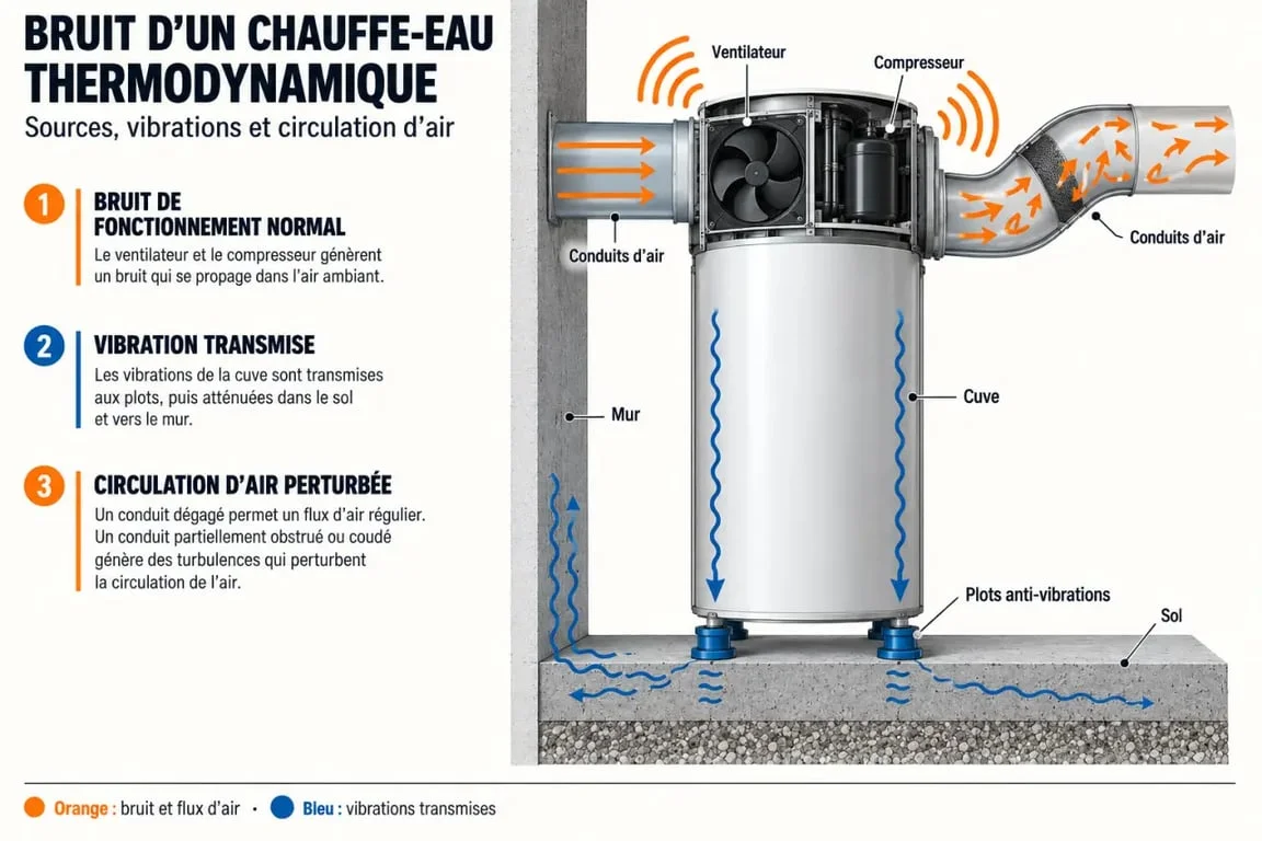 Schéma des causes d’un chauffe-eau thermodynamique bruyant et des vibrations transmises au mur ou au sol