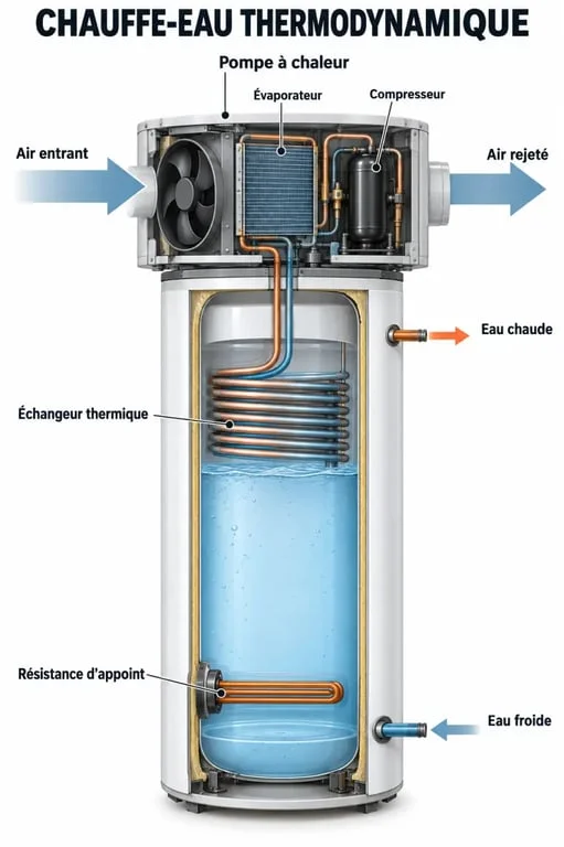 Schéma de fonctionnement d'un chauffe-eau thermodynamique 100 l