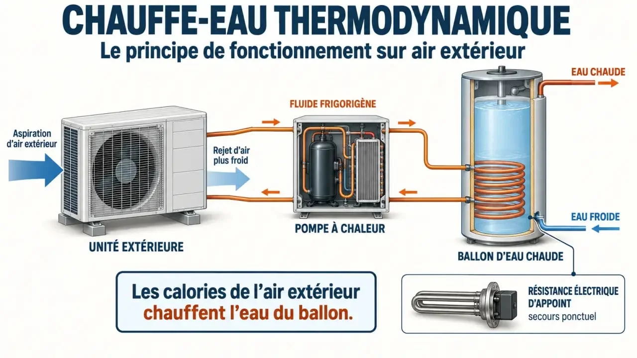 Fonctionnement d’un chauffe-eau thermodynamique air extérieur avec pompe à chaleur et appoint électrique