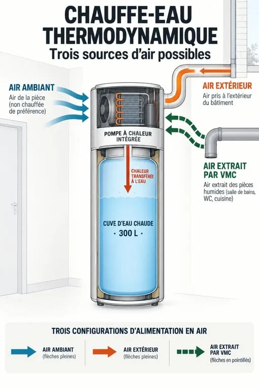 Schéma des sources d’air d’un chauffe-eau thermodynamique 300 l