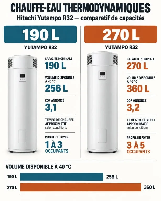 Infographie comparative du chauffe-eau thermodynamique Hitachi Yutampo R32 190 L et 270 L