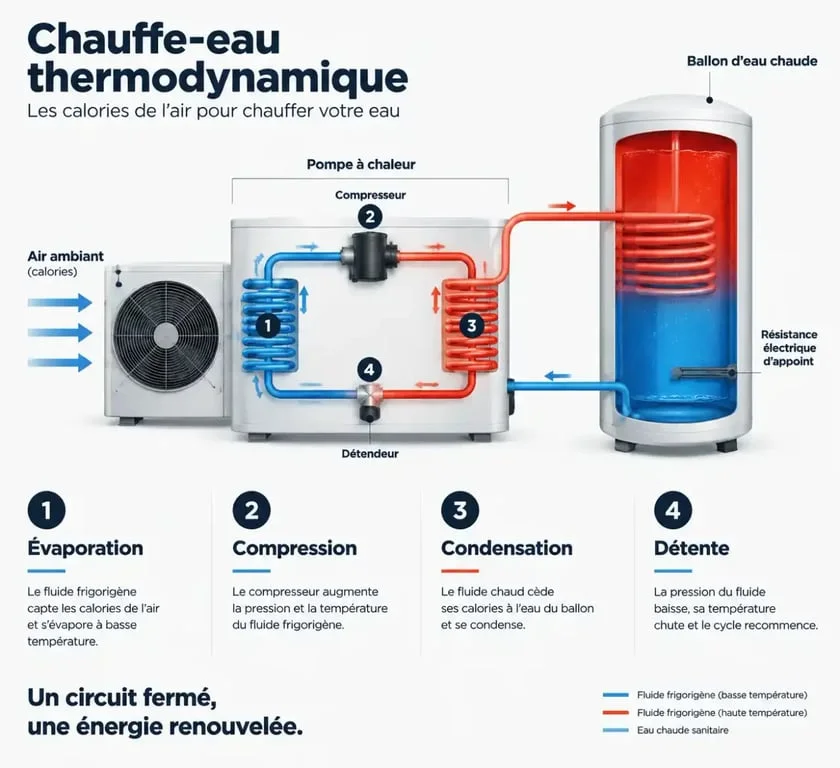Schéma du fonctionnement d’un chauffe-eau thermodynamique et du cycle de la pompe à chaleur