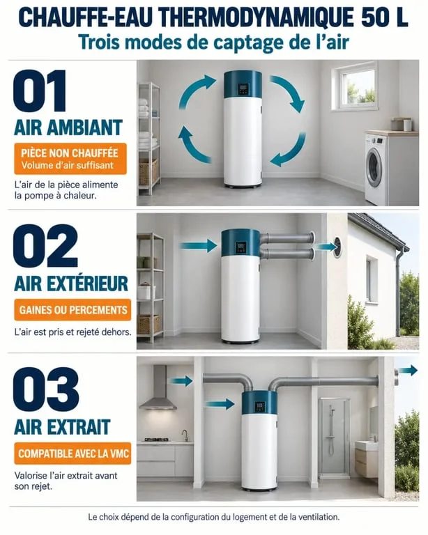 Infographie sur le chauffe-eau thermodynamique 50 l selon la source d’air