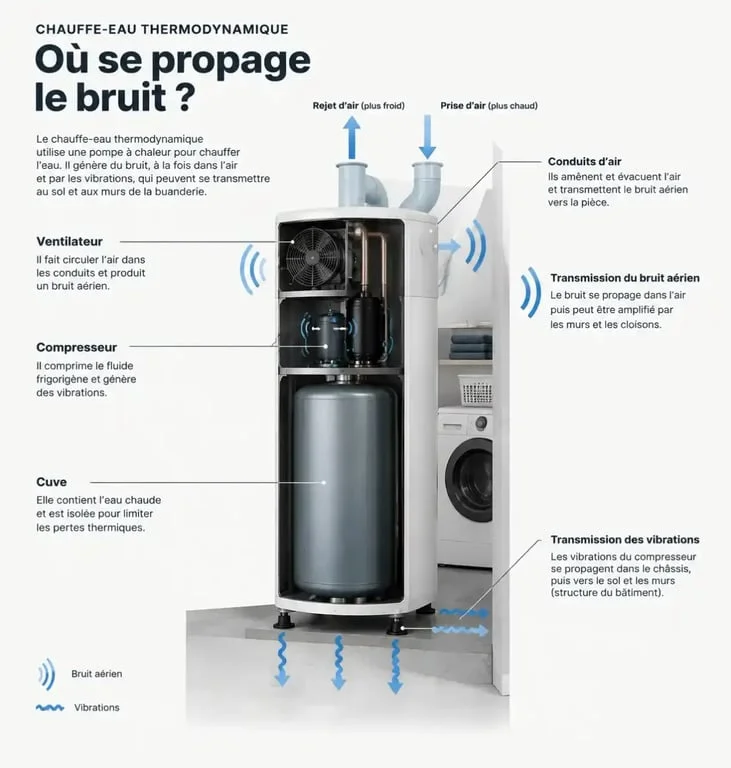 Schéma du bruit d’un chauffe-eau thermodynamique et de la transmission des vibrations