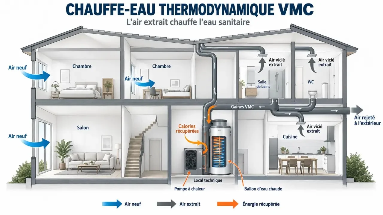 Schéma du fonctionnement d’un chauffe-eau thermodynamique VMC avec récupération de chaleur de l’air extrait