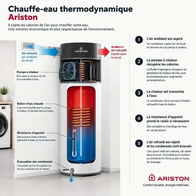 Schéma du fonctionnement d’un chauffe-eau thermodynamique Ariston et de la circulation de l’air