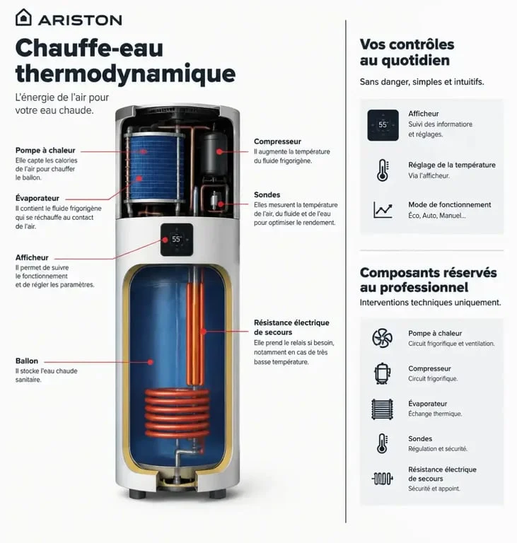 Schéma de diagnostic d’un problème de chauffe-eau thermodynamique Ariston avec pompe à chaleur, résistance et sondes