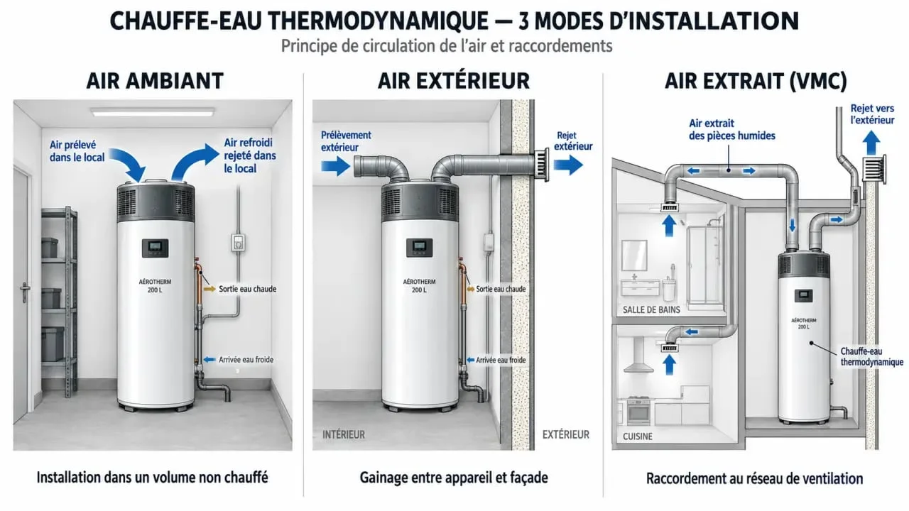 Schéma des trois modes d'installation du chauffe-eau thermodynamique NIBE MT-WH21 : air ambiant, extérieur et extrait.
