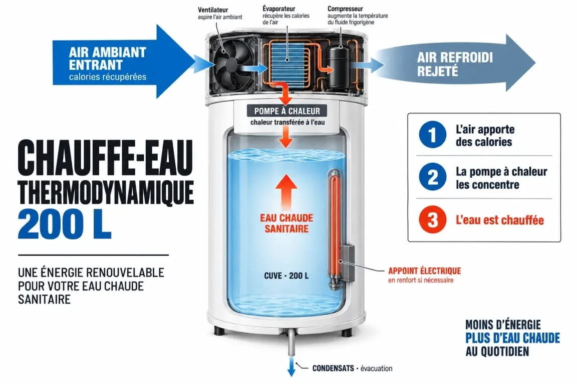 Schéma du fonctionnement d’un chauffe-eau thermodynamique 200 l