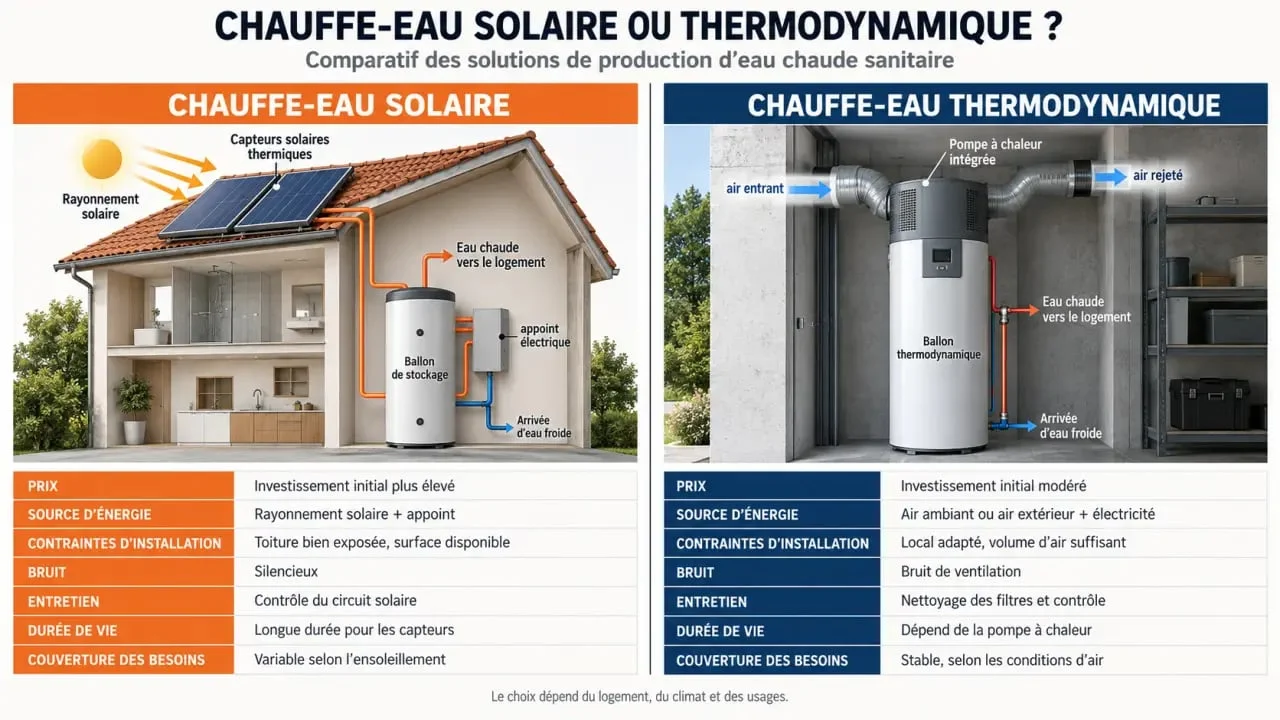 Infographie comparative chauffe-eau solaire ou thermodynamique selon le prix, l’installation et les contraintes