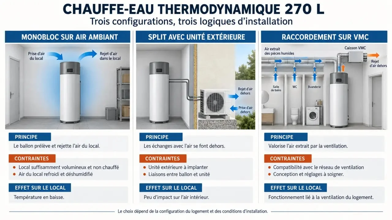 Infographie des configurations monobloc, split et VMC pour un chauffe-eau thermodynamique 270 l