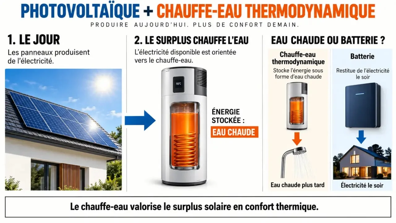 Infographie photovoltaïque + chauffe-eau thermodynamique et stockage du surplus solaire sous forme d’eau chaude
